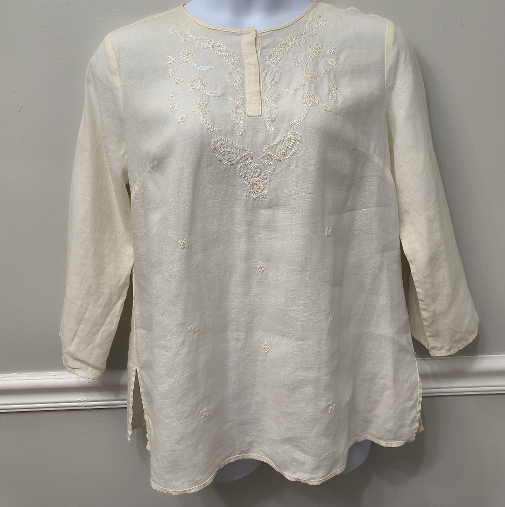 Edward 100% Irish Linen Embroidered Embellish TunicTop Cream Sz XL Quiet Luxury